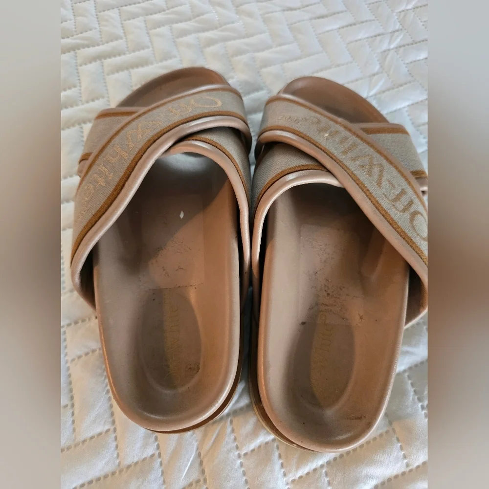 Off-White Criss Cross Leather Tan Slide Sandals